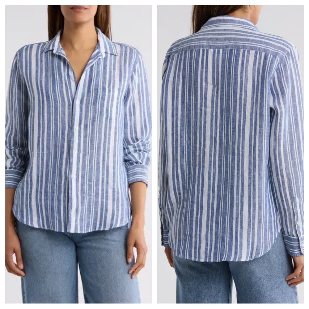 Frank & Eileen Striped Relaxed Linen Button Down Blue White